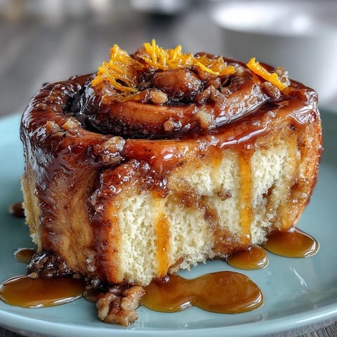 Fluffy Overnight Orange Rolls mit frischem Orangenzesten, mit zitronigem Glasur überzogen, auf einem Servierbrett.  