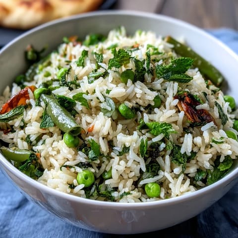 Duftender Reis-Pilaf mit süßen Erbsen und frischer Minze, perfekt als Beilage.  