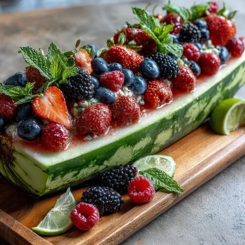 Schöne Obstplatte mit Wassermelonen-Schnitzerei und Beeren