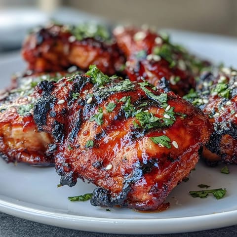 Saftige, karamellisierte Hähnchenschenkel mit süß-scharfer Honig-Sriracha-Glasur vom Grill, perfekt für Sommer-Grillabende.