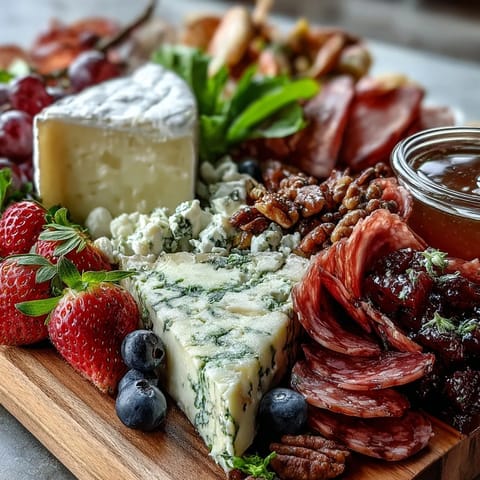 Frischer Frühlings-Charcuterie-Board mit essbaren Blüten und Früchten, farbenfroh und elegant arrangiert für gesellige Anlässe.