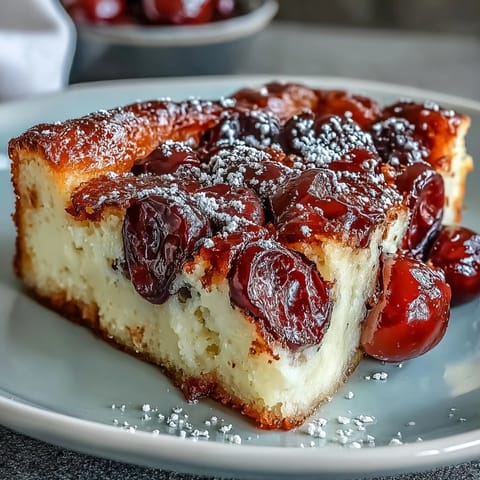 1. Frischer Kirschkuchen mit Vanilleschote, goldbraun gebacken und mit Puderzucker bestäubt.  