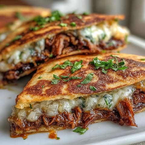1. Cinco de Mayo Birria Quesadillas mit Consommé-Dip: Knusprige Tortillas gefüllt mit zartem, gewürztem Rindfleisch und geschmolzenem Käse, serviert mit reichhaltiger, scharfer Brühe zum Dippen.  