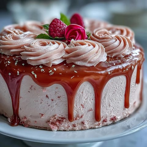 2. Rosé-infundierter Samtkuchen mit zarter rosa Färbung, dekoriert mit luxuriösem Gold-Drip für festliche Anlässe.