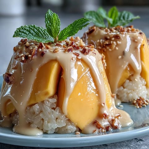 1. Köstliche Mango-Klebreis-Törtchen mit cremiger Kokosmilch und frischen Mangoscheiben in moderner Dessert-Cup-Präsentation.