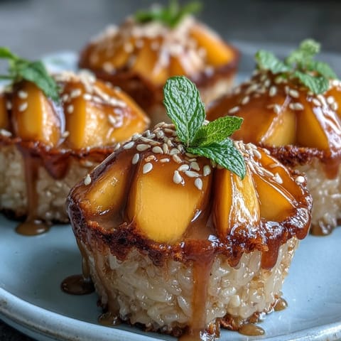 2. Thai-inspirierte Dessert-Cups gefüllt mit süßem Klebreis in Kokosmilch, garniert mit reifen Mangos und gerösteten Sesamsamen.