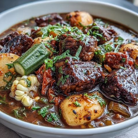 1. Herzhaftes Kentucky Derby Burgoo Stew mit zartem Rindfleisch, Schweinefleisch und Hähnchen, perfekt für große Feste.  