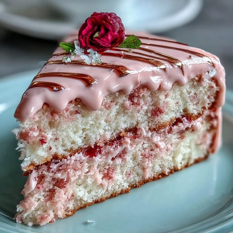 Hochglänzendes, zartrosa Rosé Velvet Cake Kunstwerk mit essbarem Goldtropfen-Finish.