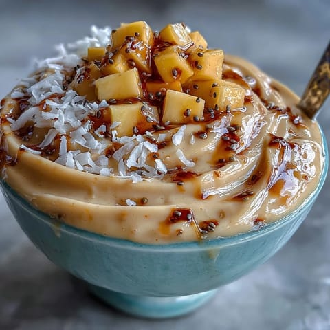 Ein farbenfroher Smoothie-Bowl mit süßer Mango, Limette und Chili, perfekt für ein erfrischendes Frühstück.