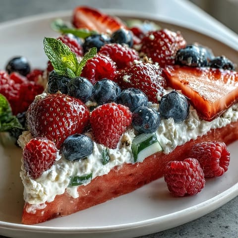 Buntes Wassermelonen-Pizza-Dessert, mit Beeren, leicht und perfekt für den Sommer.