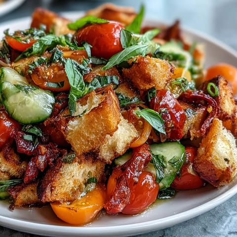 Sommerpanzanella mit gegrilltem Brot und saftigen Tomaten, perfekt für ein Picknick.