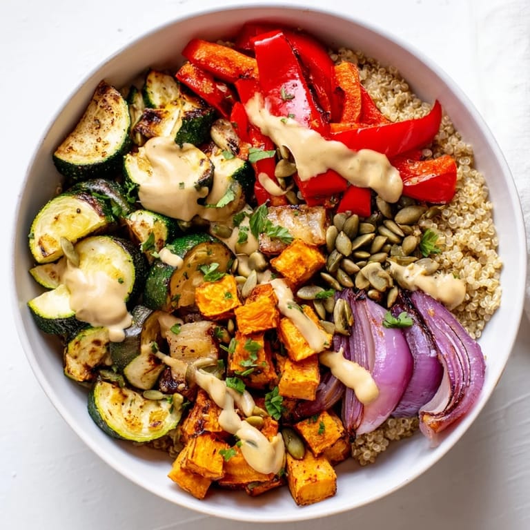 Nährstoffreiche Quinoa-Schüssel mit geröstetem Gemüse, perfekt für ein leichtes Abendessen.  