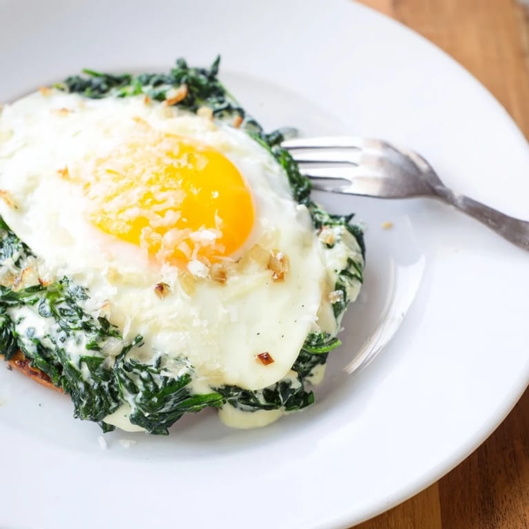 Wärmender cremediger Spinat, serviert mit frisch gebratenem Ei, lecker für jeden Anlass.