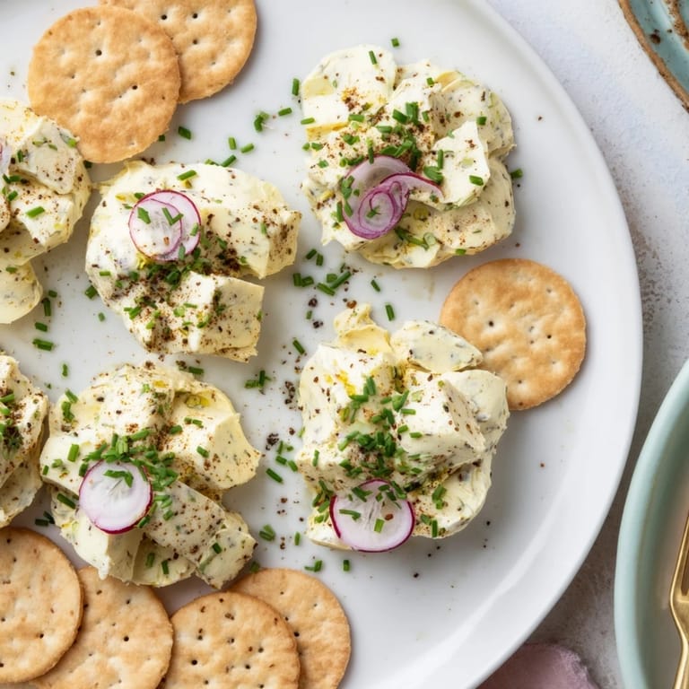 Genussvoller Obazda Käseaufstrich, garniert mit Zwiebelringen und frischen Kräutern, auf Crackern.