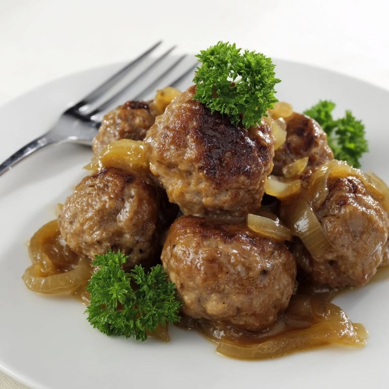 Deftige Fleischbällchen-Pfanne mit frisch gehackter Petersilie und cremiger Bratensauce.