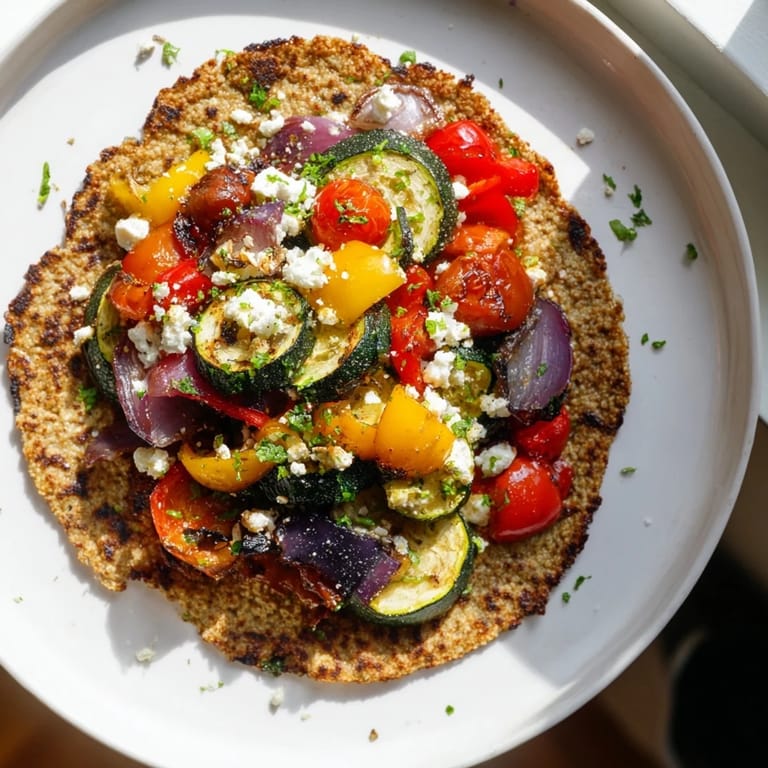 A plate of freshly made Savory Buckwheat Pancakes presented with vibrant roasted vegetables and herbs.