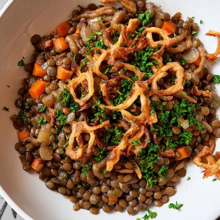 Close-up of Budget Lentil & Spätzle Bowl, showing tender lentils and buttery Spätzle, plus fresh parsley.