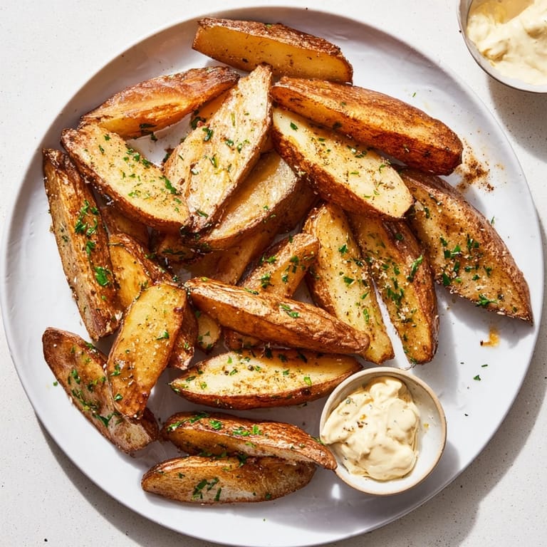 Close-up of crispy, oven-baked vegetarian herb potato wedges, sprinkled with fresh herbs, alongside mustard dip.