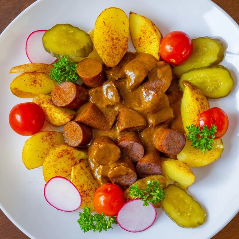 A loaded Currywurst Board featuring grilled sausage, flavorful curry sauce, and varied mustards for dipping.