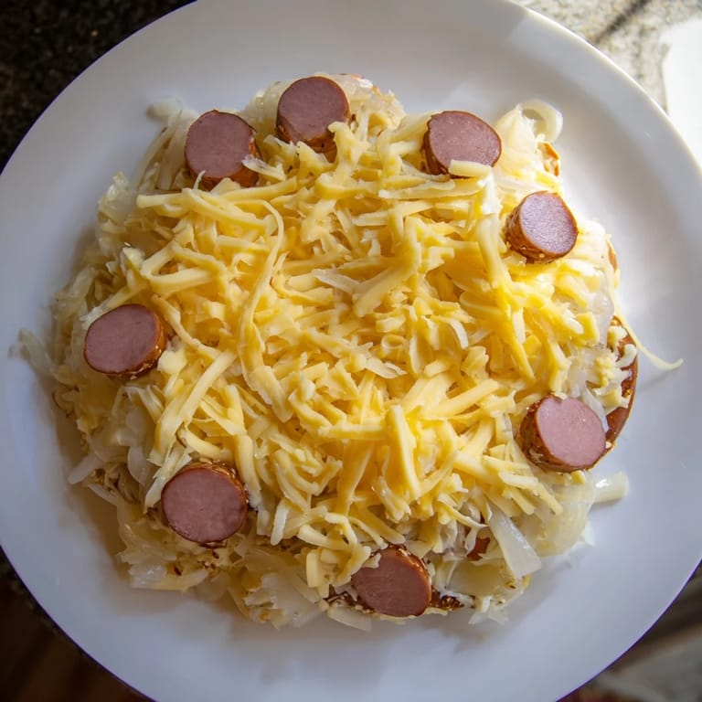 Hearty Bratwurst & Sauerkraut Pie, a flavorful German main dish with a crispy pretzel crust.