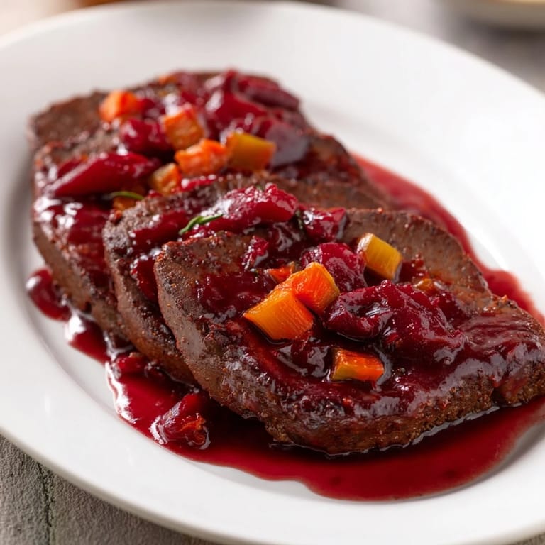 Tender seitan Vegan Sauerbraten, bathed in a flavorful cranberry-balsamic sauce, ready to serve.