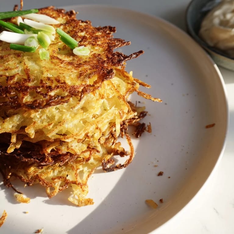 Savor the flavorful Kartoffelpuffer, featuring a creamy kimchi yogurt dip, perfect for snacking.