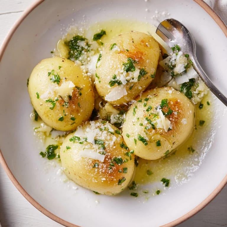 Tender potato dumplings, a vegetarian delight, served with toasted garlic brown butter over a meal.