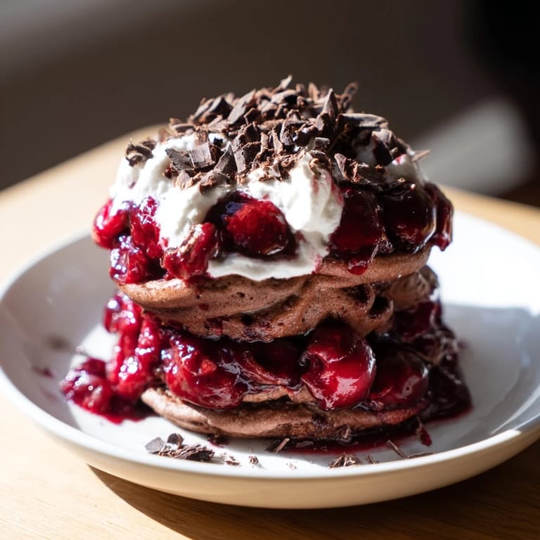 Close-up of delicious Black Forest Pancake Minis: small, stacked pancakes perfect for brunch or dessert.