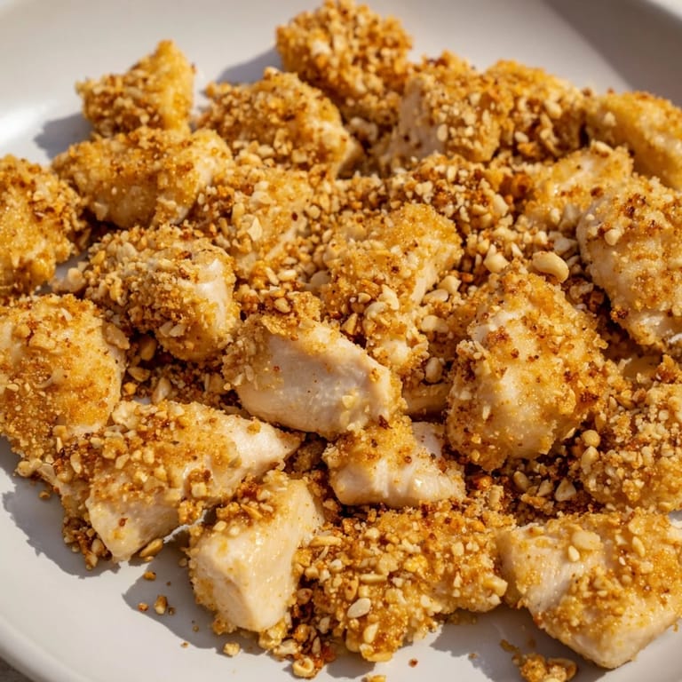 Salty and crunchy pretzel crusted chicken bites, baked until golden and crispy, perfect appetizer.