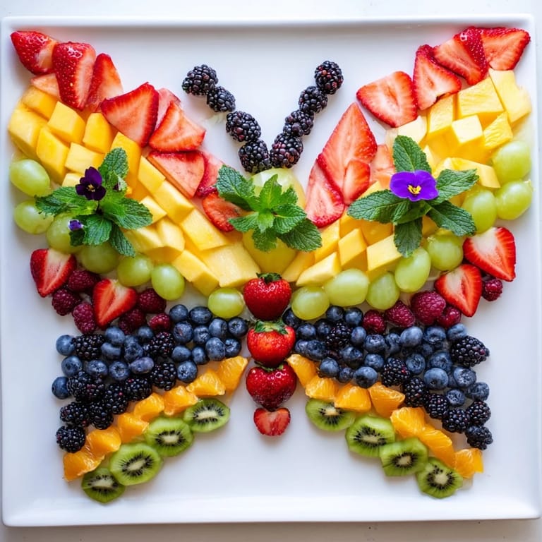 This stunning Butterfly Bloom Fruit Board showcases bright berries, grapes, and tropical fruit, perfect for snacking.