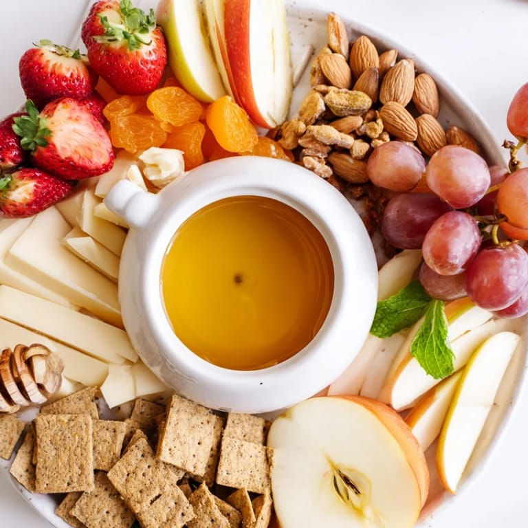 A charming Bears Honey Pot Board with vibrant fruit, cheeses and golden honey for dipping.