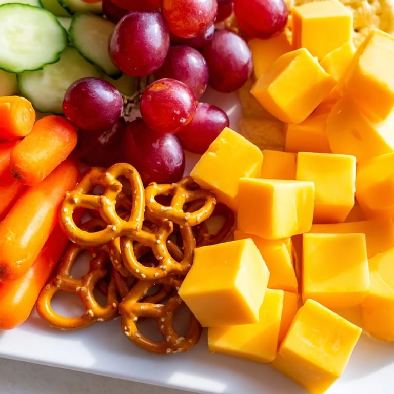 A colorful Fox & Friends Snack Tray loaded with fresh veggies, cheese cubes, and dips for a friendly gathering.