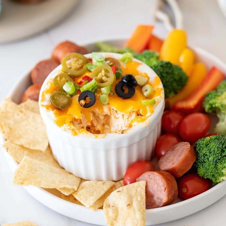 Molten Lava Flow Volcano Dip shows a creamy, cheesy eruption with sausage and fresh vegetable dippers.