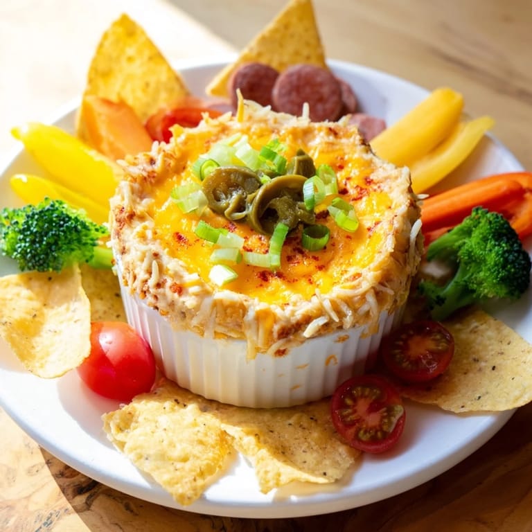 Party-ready Lava Flow Volcano Dip, with bubbling cheese "lava," looks delicious with chips and veggies.