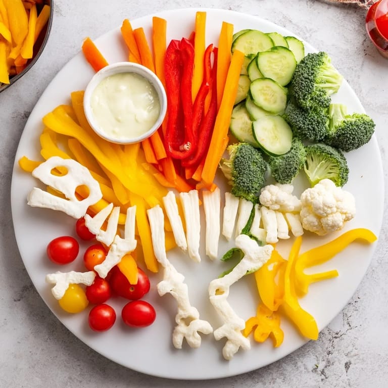 Imagine this Dino-Mite Dinosaur Fossil Crudités with vibrant vegetables and creamy hummus.