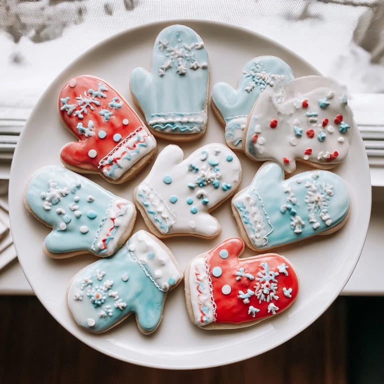 Close-up of frosted Warm & Toasty Mitten Cookies, featuring colorful icing and festive sprinkles.