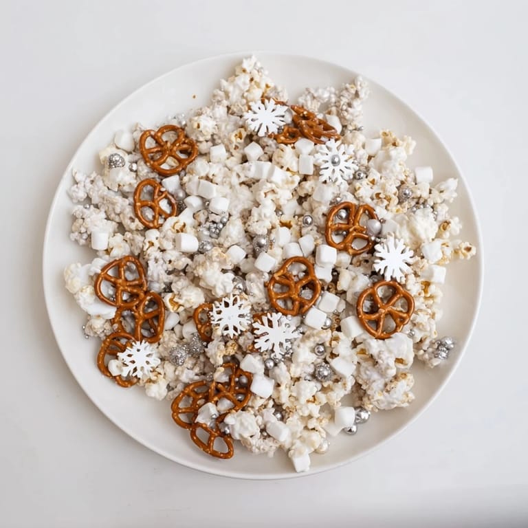 Sweet and salty Ski Season Snowflake Snack Mix with snowy sprinkles, perfect for an après-ski snack.