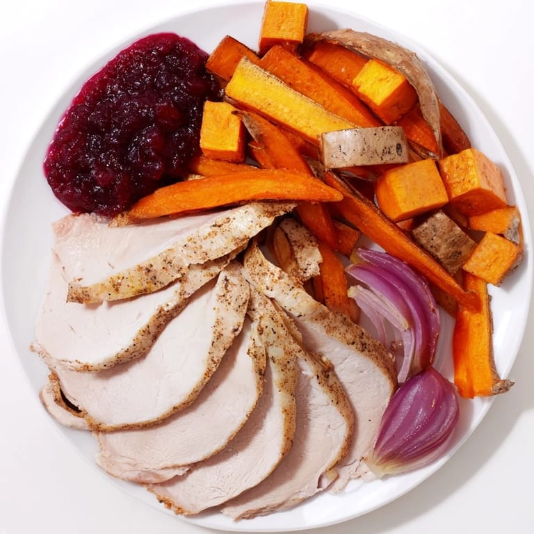 Festive Harvest Turkey Platter: a close-up of tender turkey, root vegetables, and glistening sauce.