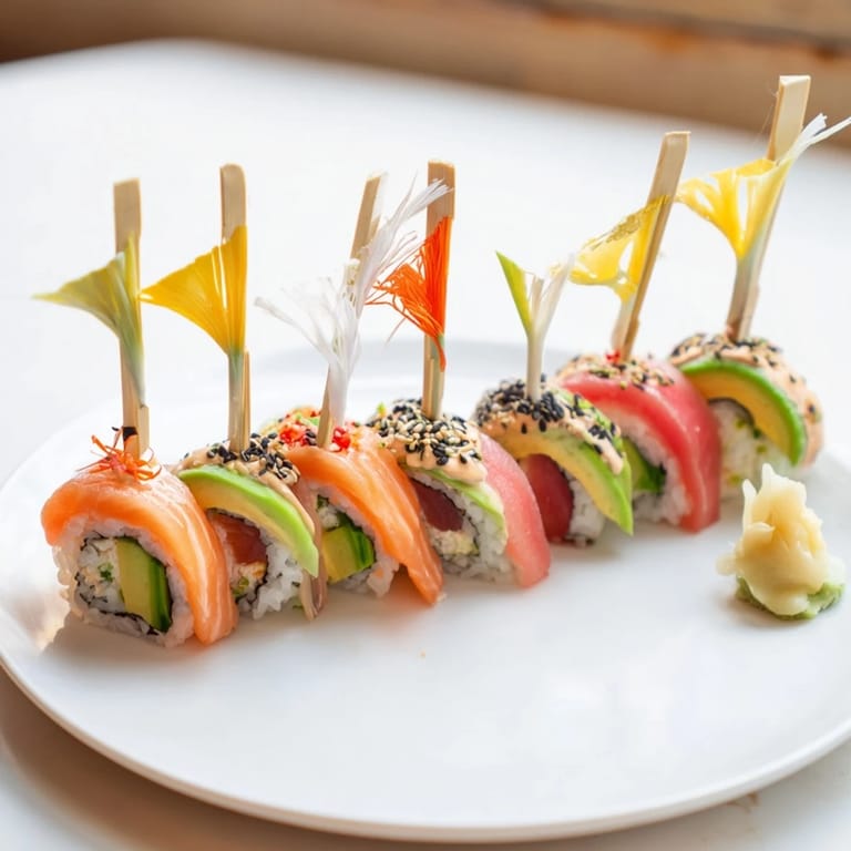 Vibrant Sushi Sailboats at Sea: Fresh salmon and tuna atop fluffy sushi rice, ready to enjoy.