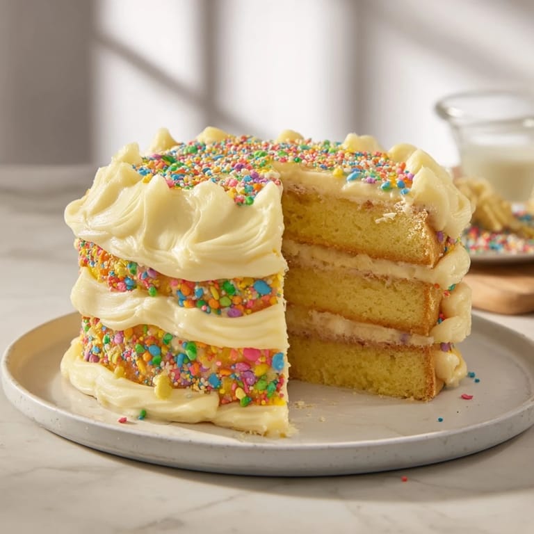 A close-up of a festive Happy Birthday Cake slice, showcasing creamy frosting and colorful sprinkles.