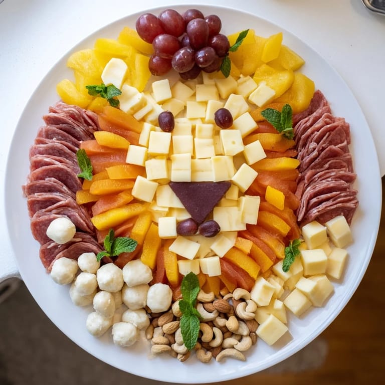 Artfully arranged Lion King appetizer platter with meats, cheeses, and colorful fruit for a party.