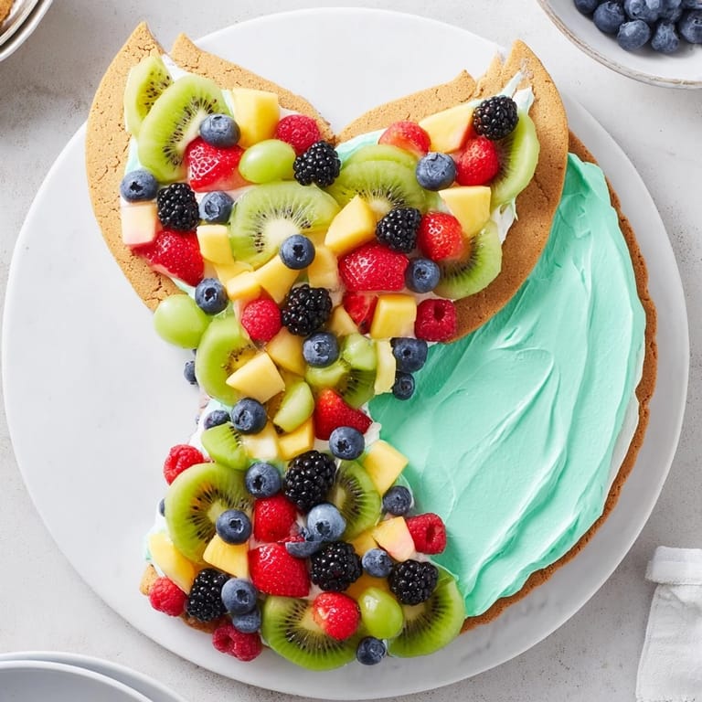 Die Mermaid Tail Fruit Pizza ist ein köstliches Dessert, verziert mit bunten Früchten auf Zuckerkekskruste.