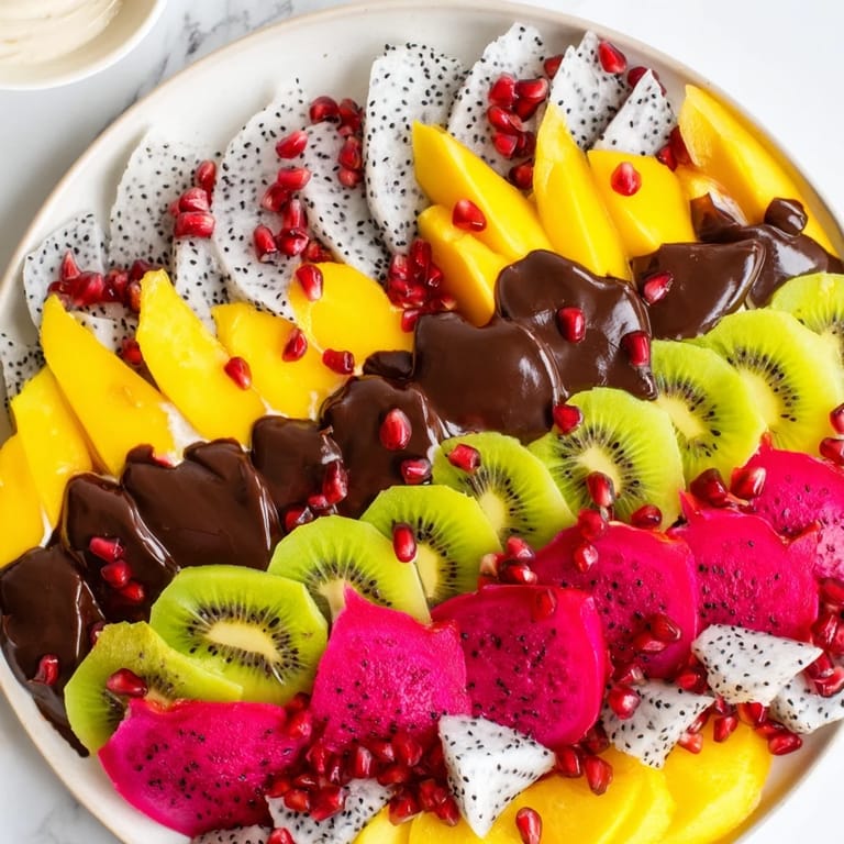 A colorful Dragon Scales Fruit and Dip Board with luscious yogurt and chocolate dips awaits.