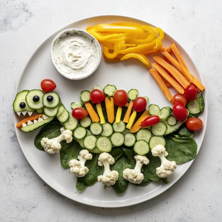 Bunte T-Rex Fossil Crudités mit Ranch-Dip: knusprig, leckere Gemüse-Fossil-Kreation.