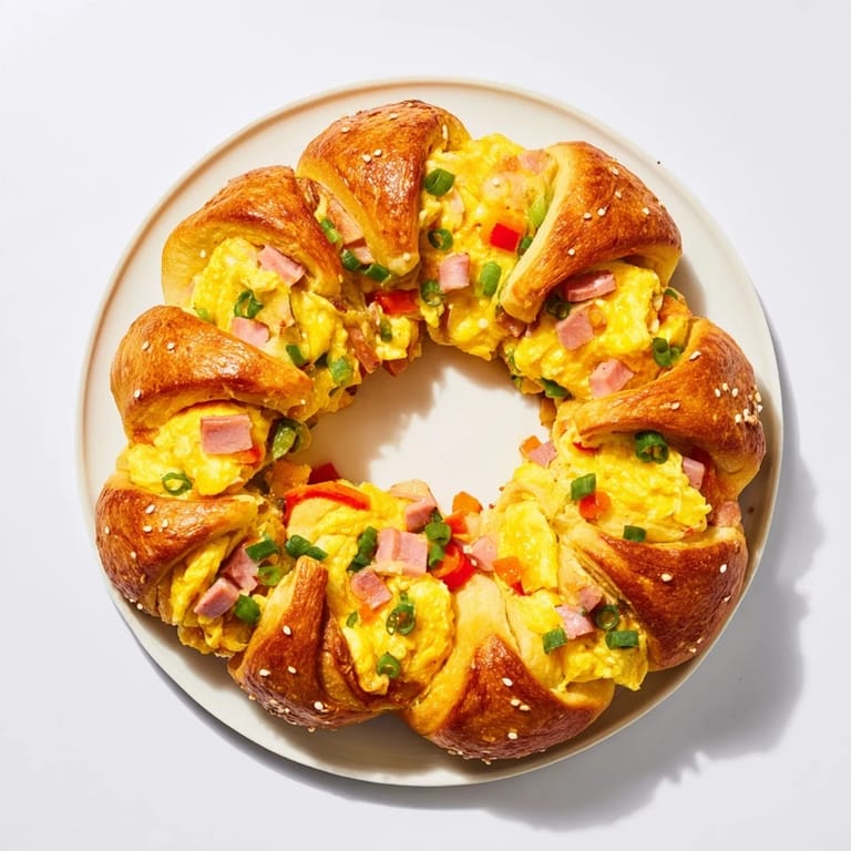 This egg and ham bake is a savory wreath with melted cheese, promising a comforting taste.