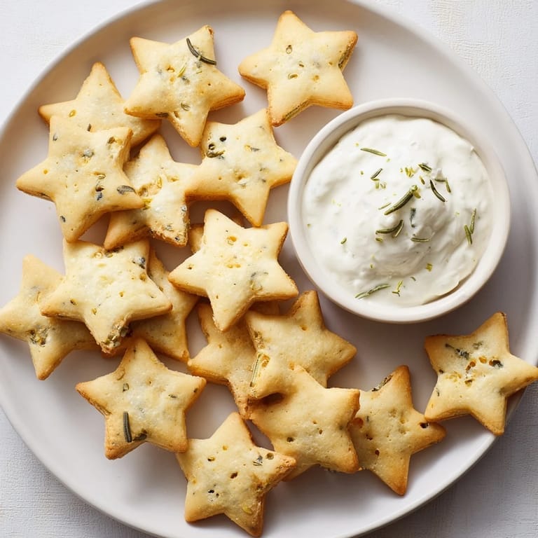 Homemade Holiday Crackers with a sprinkle of herbs, invitingly arranged with a flavorful dip.