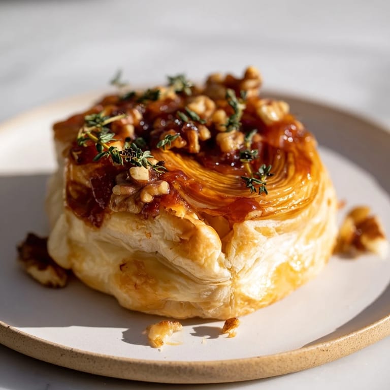 Close-up of a warm, bubbling Baked Brie wheel with fig jam, ready to be enjoyed.