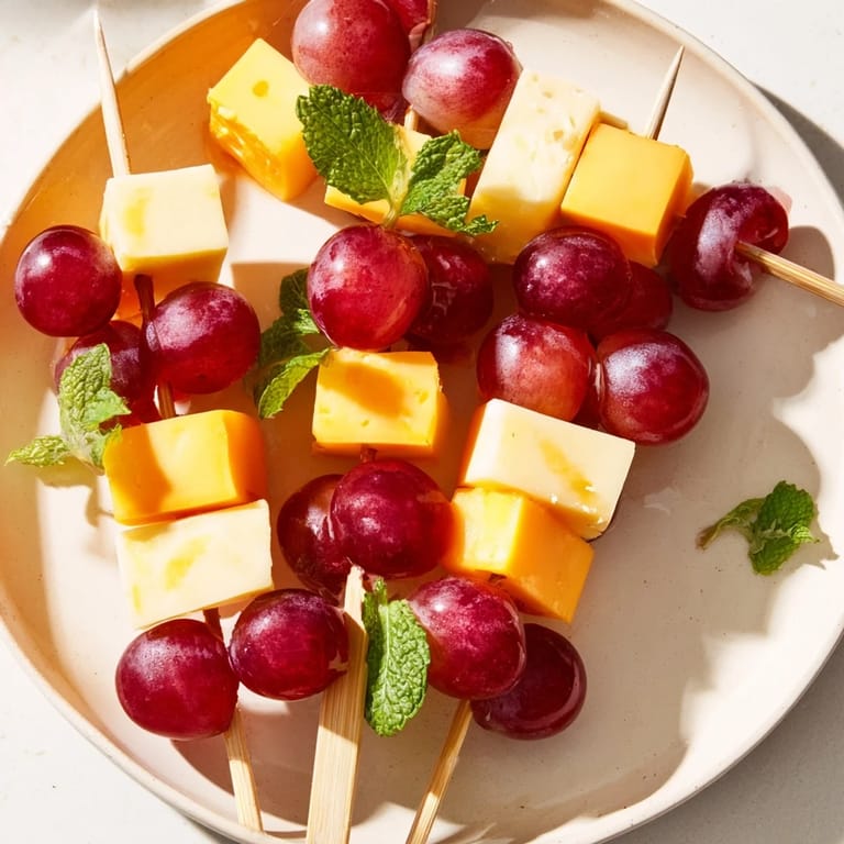 Nahaufnahme von bunten Käse- und Traubenspießen, ein einfaches Partygericht mit frischer Minze.