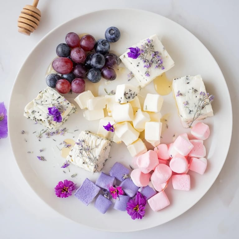 This Lavender Haze Dreamscape cheese board features lavender goat cheese, brie, and violet candies for a lovely appetizer.