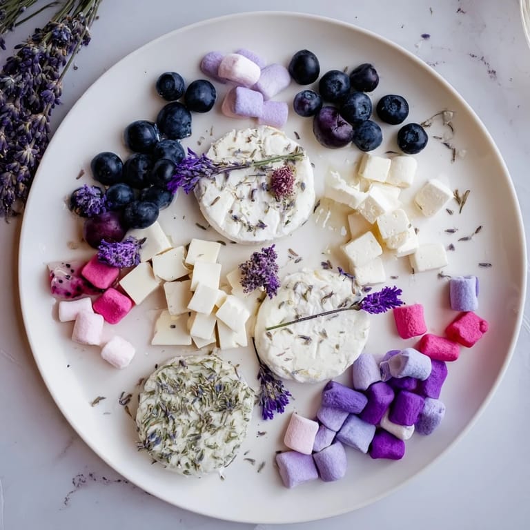 The whimsical Lavender Haze Dreamscape cheese board offers pastel hues, edible flowers, and sweet flavors in a spread.